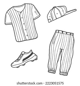 Baseball sports equipment. Vector hand drawn sketch illustration. Sport icons isolated on white background