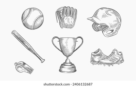 Baseball-Sportausrüstung. Vektorhandgezeichnete Skizzengrafik. Ball, Handschuh, Baseballschläger, Helm-Symbole einzeln auf weißem Hintergrund