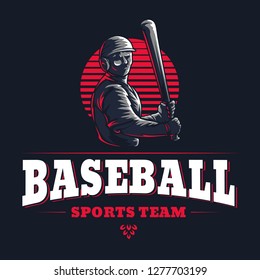 Baseball sports team club emblem engraved retro vintage logo graphic design template with game player silhouette isolated on black background Vector stamp illustration for championship league badge 