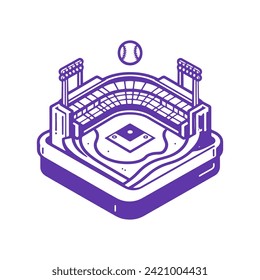 Baseball Stadium and Ball. Vector Monochrome Isometric Icon on White Background.