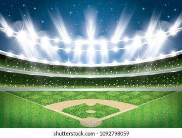 Baseball Stadium With Neon Lights. Arena. Vector Illustration.