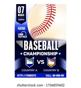 Baseball Stadium Sport League Flyer Banner Vector. World Baseball Softball Confederation, Gaming White Ball Stitched Red Cord. Active Recreational Sportive Game. Concept Template Illustration