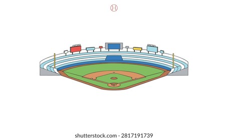 Baseball stadium view displaying a floating baseball above the green infield with a large scoreboard in distance on a white background.