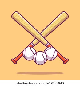 Baseball With Stick Cartoon Vector Icon Illustration. Sport Object Icon Concept Isolated Premium Vector. Flat Cartoon Style