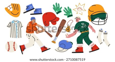 Baseball stickers set in cartoon doodle style. Collection of baseball equipment, player, glove, ball, helmet, sports uniform. Flat vector illustration