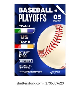 Baseball Stitched Ball Typography Poster Vector. Sportive Ball Accessory On Bright Advertising Marketing Banner. Field Arena, Player Sporting Glove And Bat Equipment Color Concept Layout Illustration