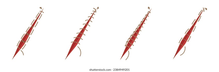 Baseball Stitches and Red Lace with Loop of Thread Isolated on White Background Vector Set