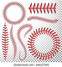 Baseball Stitches Vector. Lace From A Baseball Isolated On Transparent. Sports Ball Red Laces Set. Softball Design Illustration
