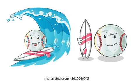baseball surfing on the waves cartoon and holding a surfboard. cute chibi cartoon mascot vector