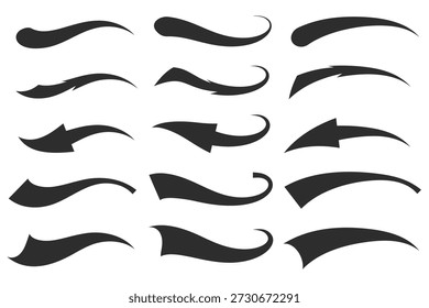 Baseball-Swoosh-Schriftartelemente. Unterstreichen Sie die Schwänze für das Logo des Sportteams. Kalligrafische Designelemente mit Vektorpinsel-Pinselstrich. Gewellte Strichbänder mit Pfeilen. Retro-Akzentsatz