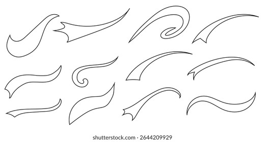 Baseball swoosh line tails, isolated black vector curly lines, baseball decoration. Sports swash shapes set in retro style. Swirl strokes flat vector, line art