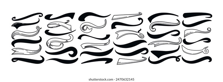 Baseball swoosh, sports swash tails in retro style. Underline wave line, black calligraphic swirl for football or athletics. Hand drawn curly swishes typographic set. Logo typography vector elements.