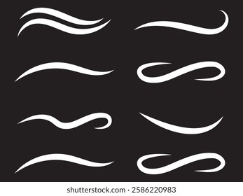 Baseball swoosh tails, isolated black vector curly lines, text underlines. Sports swash shapes set in retro style. Swirl strokes, swish typography font elements for athletics, baseball decoration