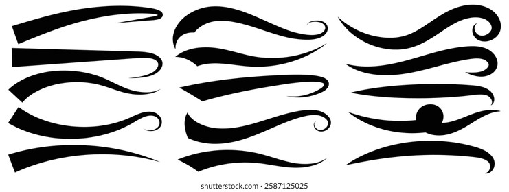 Baseball swoosh tails, isolated black vector curly lines, text underlines. Texting letters tail for lettering or baseball club. Vector illustration. 999