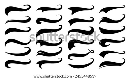 Baseball swoosh tails, isolated black vector curly lines, text underlines. Sports swash shapes set in retro style. Swirl strokes, swish typography font elements for athletics, baseball decoration