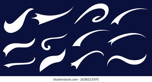 Baseball swoosh tails, isolated white vector curly lines, baseball decoration. Sports swash shapes set in retro style. Swirl strokes flat vector