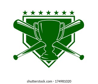 Baseball symbol or emblem logo in green with crossed bats and a cup over a shield with stars, vector illustration isolated on white