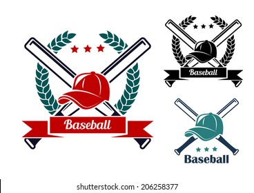 Baseball symbols with laurel wreath, crossed bats and caps for sports logo design