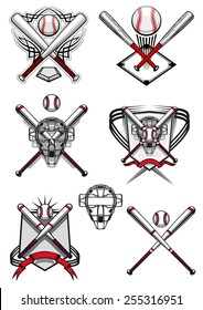 Baseball symbols and logo depicting balls, crossed bats, masks and field in traditional red, white colors decorated heraldic shields and tribal ornaments