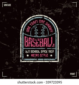 Baseball team badge. Graphic design for t-shirt. Color print on black  background