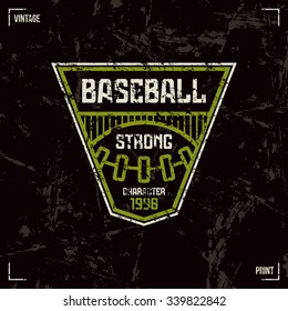 Baseball team badge. Graphic design for t-shirt. Color print on black  background