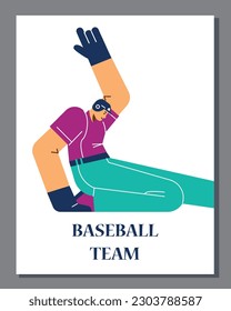 Tarjeta de equipo de béisbol o plantilla de banner con personaje de caricatura de jugador, ilustración vectorial de dibujos animados planos. Diseño de pancartas o afiches para partidos o clubes deportivos de béisbol.