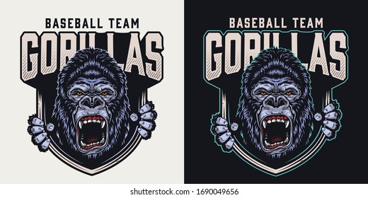 Baseball team colorful vintage emblem with aggressive gorilla mascot and club name inscription isolated vector illustration
