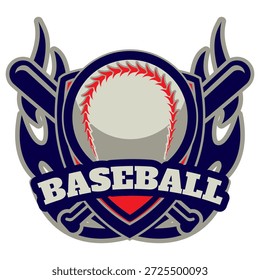 Baseball Team Emblem mit gekreuzten Fledermäusen und einem detaillierten Baseball, Sportereignis Logo Design.
