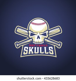 Baseball Team Logo Template. Skull and Crossed Bats Sign. Dark Blue Background.