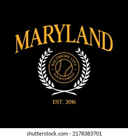 Estado del equipo de béisbol de Maryland, Baltimore. Gráficos de tipografía para ropa deportiva y ropa. Diseño de impresión vectorial.
