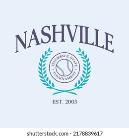 Baseball team state of Nashville, Tennessee. Typography graphics for sportswear and apparel. Vector print design.