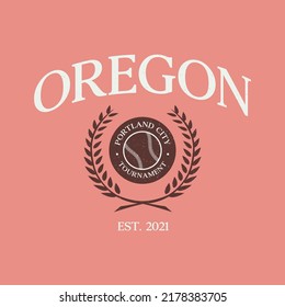 Baseball team state of Oregon, Portland. Typography graphics for sportswear and apparel. Vector print design.