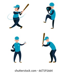 Baseball team: two batters, pitcher and catcher. Flat vector illustration. Cartoon style