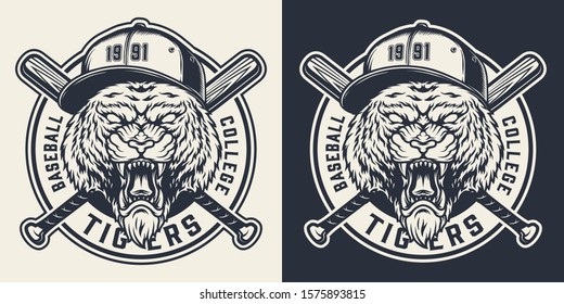 Baseball team vintage monochrome logo with crossed baseball clubs and ferocious tiger head in cap isolated vector illustration