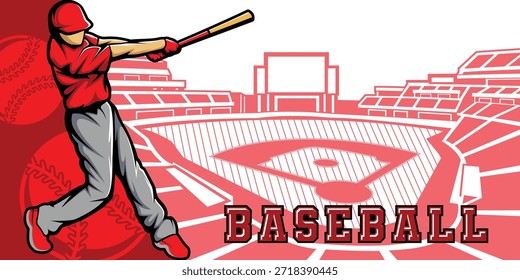 Baseball Template With Athlete Player and Playing Field Court Background Vector  Poster and Banner