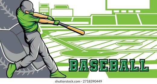 Baseball Template With Athlete Player and Playing Field Court Background Vector  Poster and Banner
