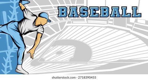 Baseball Template With Athlete Player and Playing Field Court Background Vector  Poster and Banner