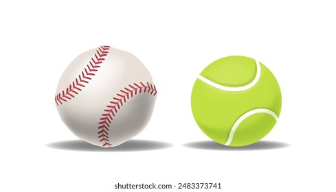 Baseball And A Tennis Ball Side By Side Isolated On White. Realistic 3d Vector Illustration Perfect For Sports Designs