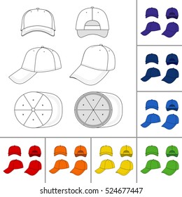 Baseball, tennis cap colored vector illustration featured front, back, side, top, bottom isolated on white 
