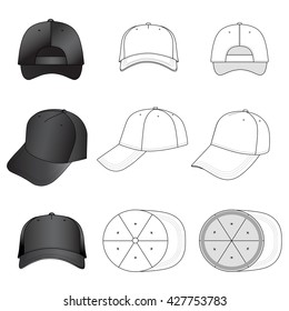 Baseball, tennis cap set illustration featured front, back, side, top, vector illustration isolated on white background
