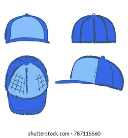 Baseball, tennis, rap cap outlined oil pastel template sketch (front, back and side views), vector illustration isolated on white background