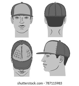 Baseball, tennis, rap cap outlined oil pastel template sketch (front, back and side views) and man head, vector illustration isolated on white background