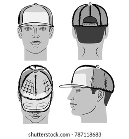 Baseball, tennis, rap cap outlined oil pastel template sketch (front, back and side views) and man head, vector illustration isolated on white background