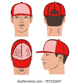Baseball, tennis, rap cap outlined oil pastel template sketch (front, back and side views) and man head, vector illustration isolated on white background