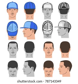 Baseball, tennis, rap cap outlined oil pastel template sketch collection (front, back and side views) and man head, vector illustration isolated on white background