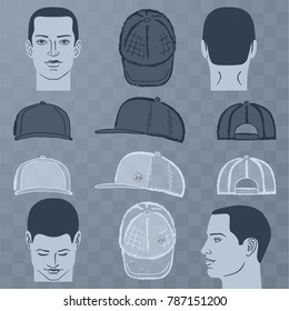 Baseball, tennis, rap cap outlined oil pastel template sketch (front, back and side views) and man head, vector illustration isolated on white background