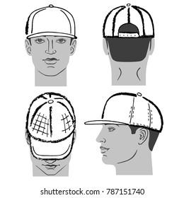 Baseball, tennis, rap cap outlined oil pastel template sketch (front, back and side views) and man head, vector illustration isolated on white background