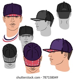 Baseball, tennis, rap cap outlined oil pastel template sketch (front, back and side views) and man head, vector illustration isolated on white background