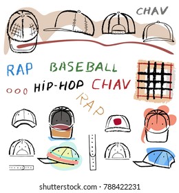 Baseball, tennis, rap cap outlined oil pastel template sketch (front, back and side views) and man head, vector illustration isolated on white background