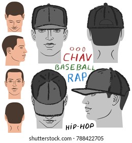 Baseball, tennis, rap cap outlined oil pastel template sketch (front, back and side views) and man head, vector illustration isolated on white background
